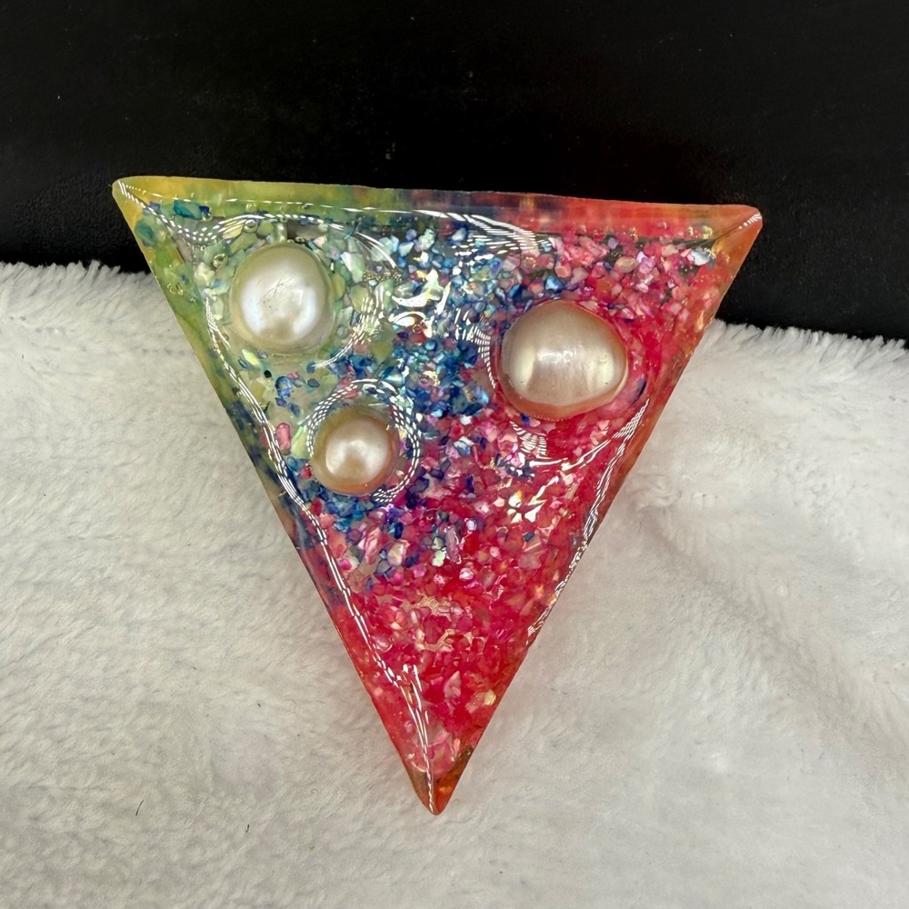Vintage Estate Brooch Multi-Colorβ Triangle Faux Pearl Chakra Glitter 3in